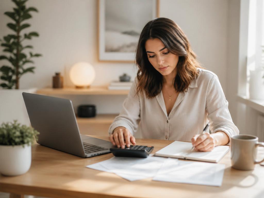 Mujer organizando sus finanzas personales en un escritorio moderno con calculadora y portátil