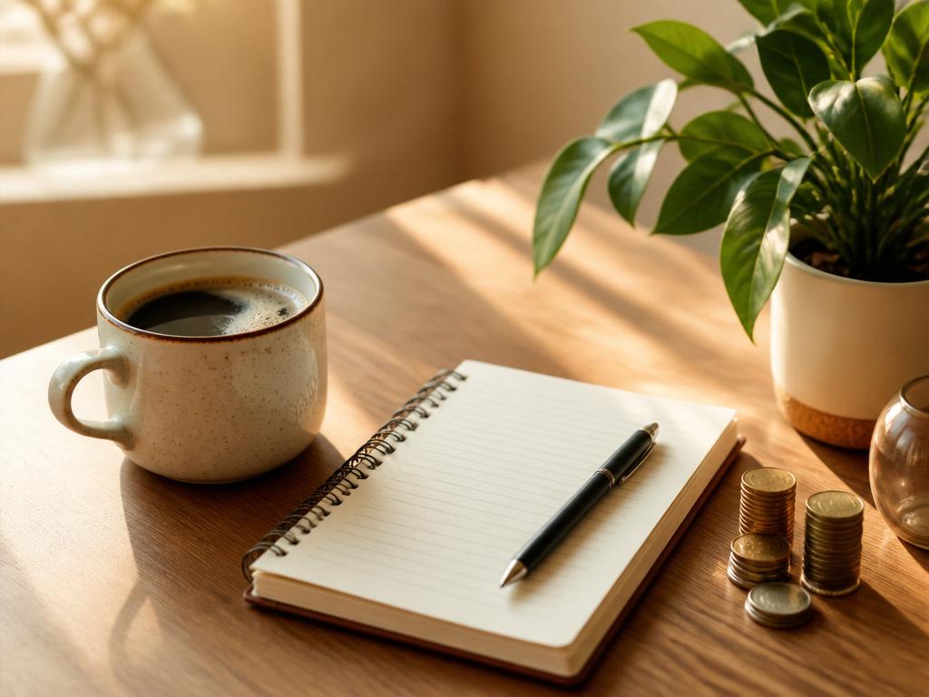Mesa de madera con café, libreta de ahorros, monedas y planta en luz cálida