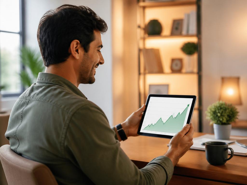 Hombre revisando el crecimiento de sus finanzas en una tablet con gráfico ascendente
